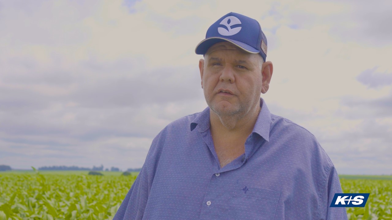 Pessoa vestindo camisa azul e boné com logotipo, em pé em frente a uma plantação verde sob um céu parcialmente nublado. No canto inferior direito, há o logotipo da K+S.